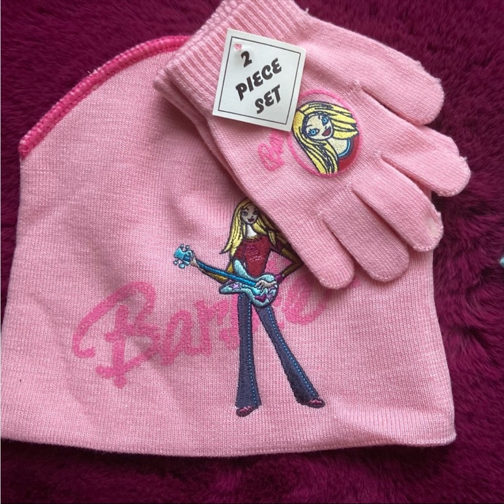 Barbie Pink Hat and Glove Set with Guitar Design